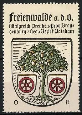 Reklamemarke Freienwalde a. d. O., Königreich Preussen, Eichenbaum mit Rädern