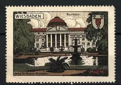 Reklamemarke Wiesbaden, Kurhaus, klassizistisches Gebäude und Brunnen