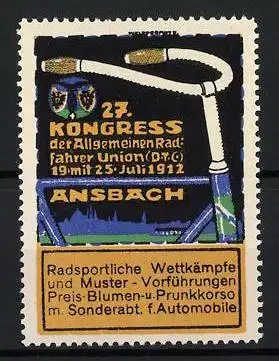 Reklamemarke Ansbach, 27. Kongress der Allgemeinen Radfahrer Union 1912, Fahrradlenker