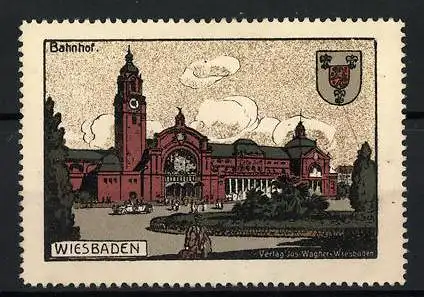 Reklamemarke Wiesbaden, Bahnhof, Verlag Jos. Wagner Wiesbaden, Stadtwappen