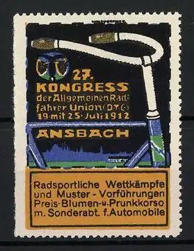 Reklamemarke Ansbach, 27. Kongress d. Allg. Radfahrer Union 1912, Fahrradlenker