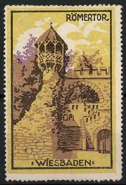 Reklamemarke Wiesbaden, Römertor, Turm und Mauerwerk