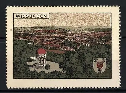 Reklamemarke Wiesbaden, Stadtansicht mit Pavillon, Wappen von Wiesbaden