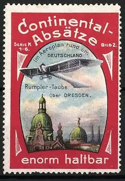 Reklamemarke Dresden, Continental-Absätze, Flugzeug über Stadtansicht