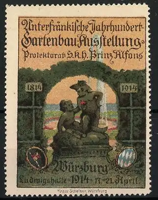 Reklamemarke Würzburg, Unterfränkische Jahrhundert-Gartenbau-Ausstellung 1914, Skulptur mit Putti