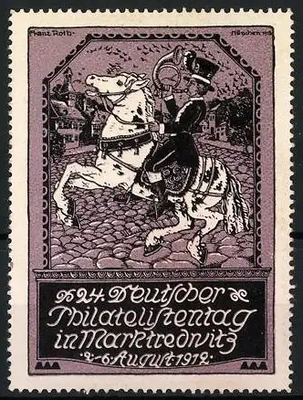 Künstler-Reklamemarke Franz Roth, Markredwitz, 24. Deutscher Philatelistentag 1912, Reiter auf Pferd