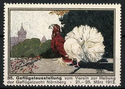 Künstler-Reklamemarke Hugo Kraus, Nürnberg, 35. Geflügelausstellung 1913, Tauben