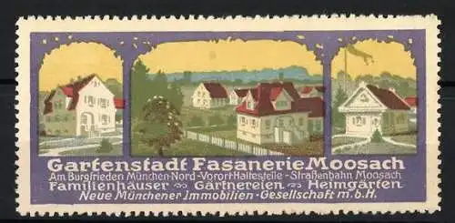 Reklamemarke München, Gartenstadt Fasanerie Moosach, Familienhäuser und Gärtnereien