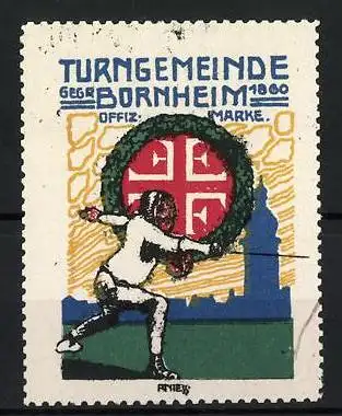 Reklamemarke Bornheim, Turngemeinde 1860, Fechter mit Kranz und Kreuz