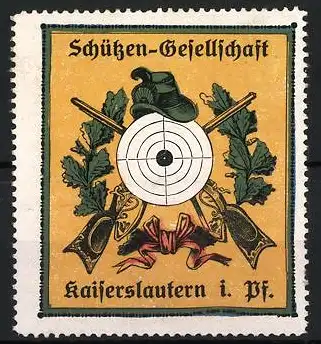 Reklamemarke Kaiserslautern, Schützen-Gesellschaft, Zielscheibe und Gewehre