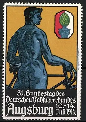 Reklamemarke Augsburg, 31. Bundestag des Deutschen Radfahrerbundes 1914, Radfahrer mit Fahrrad