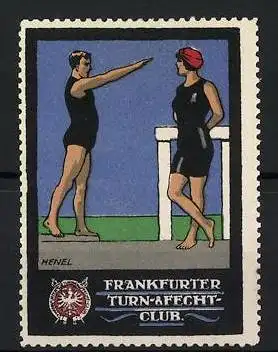 Künstler-Reklamemarke Henel, Frankfurt, Frankfurter Turn- u. Fechtclub, Schwimmer und Fechter von Henel