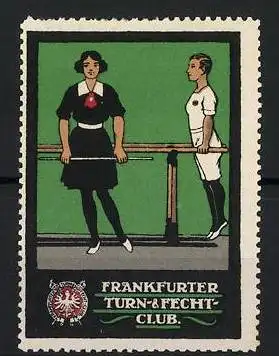 Künstler-Reklamemarke Henel, Frankfurt, Frankfurter Turn- &amp Fecht-Club, Turnerinnen an Stange