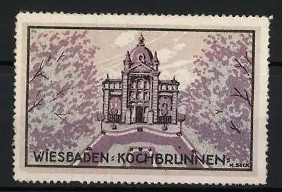 Künstler-Reklamemarke Seck, Wiesbaden, Kochbrunnen, Gebäudeillustration