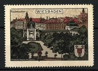 Reklamemarke Wiesbaden, Kochbrunnen, Stadtansicht mit Wappen