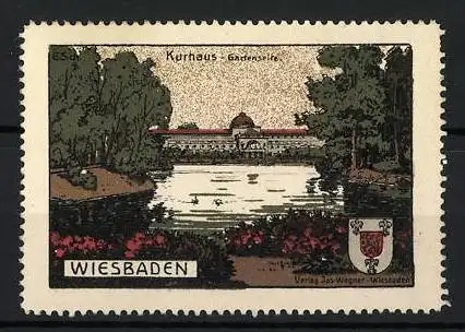 Reklamemarke Wiesbaden, Kurhaus Gartenseite, Landschaft mit Fluss und Bäumen