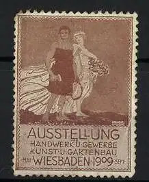 Reklamemarke Wiesbaden, Ausstellung Handwerk u. Gewerbe 1909, Figuren mit Blütenkorb