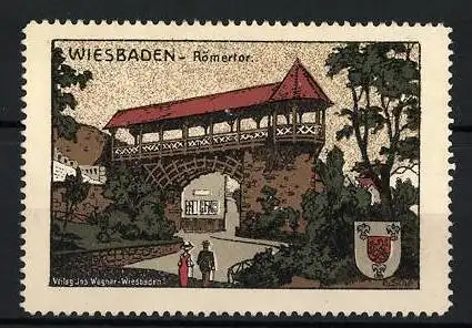 Reklamemarke Wiesbaden, Römertor, überdachter Torbogen und Wappen