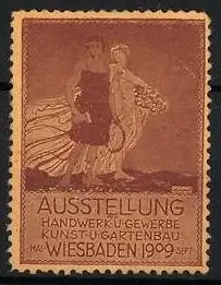 Reklamemarke Wiesbaden, Ausstellung Handwerk u. Gewerbe 1909, Figuren mit Korb