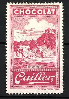 Reklamemarke Rheinfall, Chocolat Cailler, Wasserfall und Burg