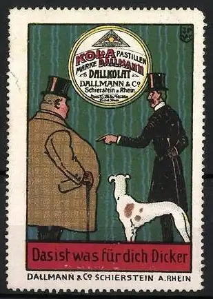 Künstler-Reklamemarke Johann Peter Werth, Schierstein a. Rhein, Dallmann &amp Co., Kola Pastillen, Herren mit Hund