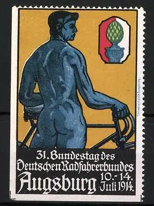 Reklamemarke Augsburg, 31. Bundestag des Deutschen Radfahrerbundes 1914, Radfahrer mit Fahrrad