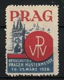 Reklamemarke Prag, Besuchet die Prager Mustermesse 1928, Turm und Logo