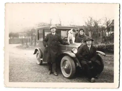 Fotografie Hund auf der Motorhaube eines Opel Auto