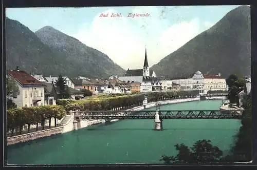 AK Bad Ischl, Teilansicht mit Brücke, Esplanade und Kirche