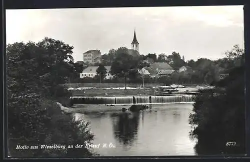 AK Wieselburg an der Erlauf, Blick übers Wehr zur Kirche