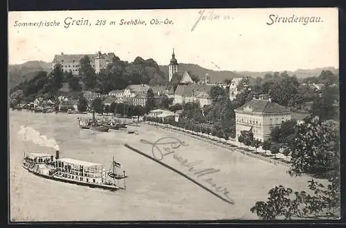 AK Grein /Strudengau, Ortsansicht, Dampfer auf der Donau