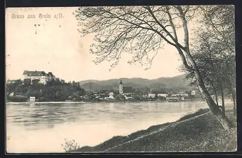 AK Grein a. D., Blick über die Donau auf den Ort