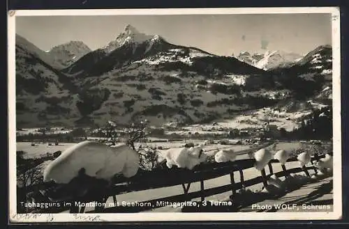 AK Tschagguns im Montafon, Ortsansicht mit Seehorn, Mittagspitze und 3 Türme