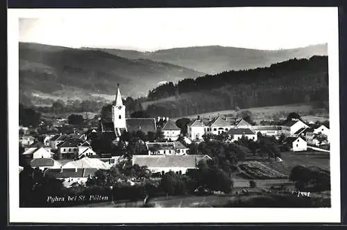 AK Pyhra, Ortsansicht mit Bergen dahinter