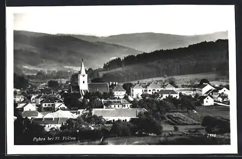 AK Pyhra, Ortsansicht mit Bergen dahinter