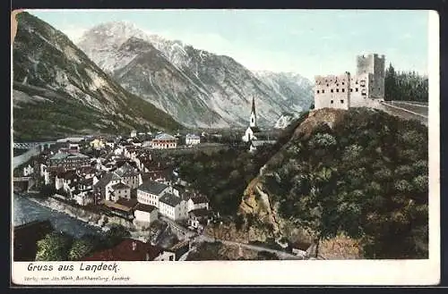 AK Landeck, Panoramablick über den Ort mit Burg, um 1900