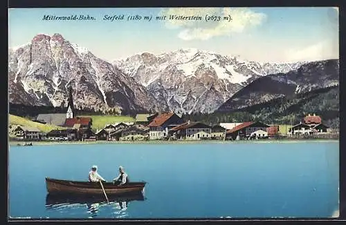 AK Seefeld /Tirol, Ortsansicht mit Wetterstein, Boot