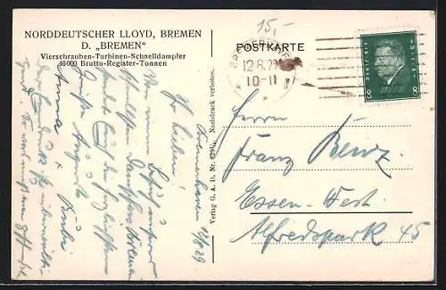 AK Passagierschiff Bremen in voller Fahrt, Norddeutscher Lloyd