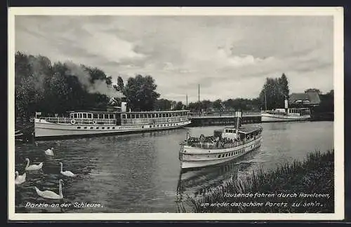 AK Paretz, Binnenschiff MS Werner von Siemens, Partie an der Schleuse