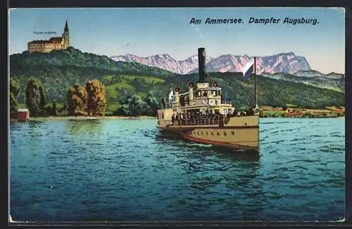 AK Ammersee, Dampfer Gisela auf dem See, Kloster Andechs im Hintergrund