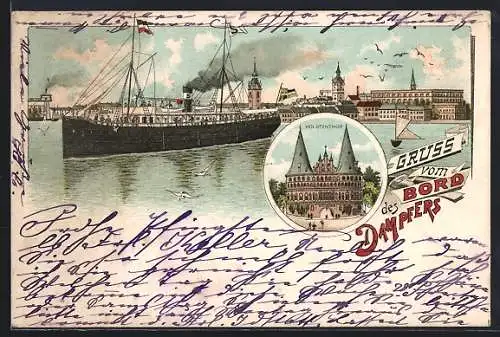 Lithographie Lübeck, Passagierschiff fährt aus dem Hafen aus, Holstentor