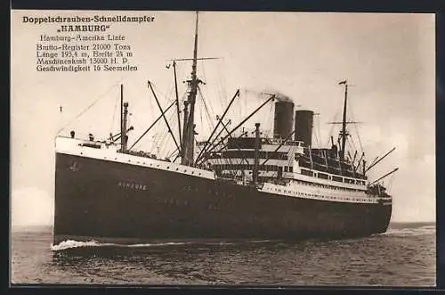 AK Passagierschiff, Doppelschrauben-Schnelldampfer Hamburg, Hamburg-Amerika Linie