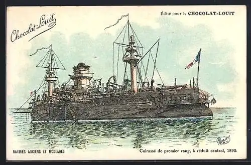 Künstler-AK Cuirasse de premier rang, a reduit central 1890, Reklame Chocolat-Louit