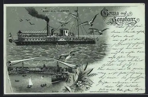 Mondschein-Lithographie Konstanz, Bodensee-Dampfer Kaiser Wilhelm und der Hafen mit Landungssteg