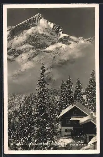 AK Barbarahütte am Kreuzeck, Blick gegen die Alpspitze