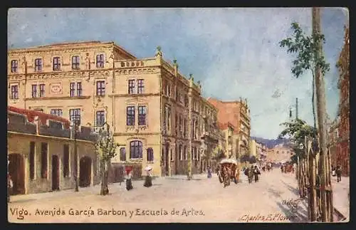 Künstler-AK Charles F. Flower: Vigo, Avenida García Barbon y Escuela de Artes