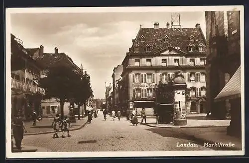 AK Landau / Pfalz, Marktstrasse mit Geschäft Eichenlaub & Meyer, Litfasssäule