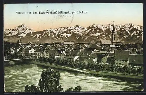 AK Villach, Ortspanorama mit Karawanken, Mittagskogel