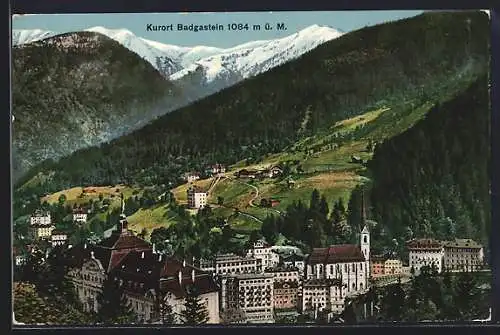 AK Badgastein, Ortsansicht mit Bergblick aus der Vogelschau