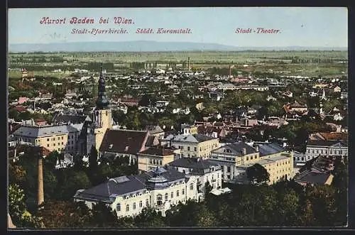 AK Baden bei Wien, Totalansicht mit Pfarrkirche, Kuranstalt und Theater aus der Vogelschau